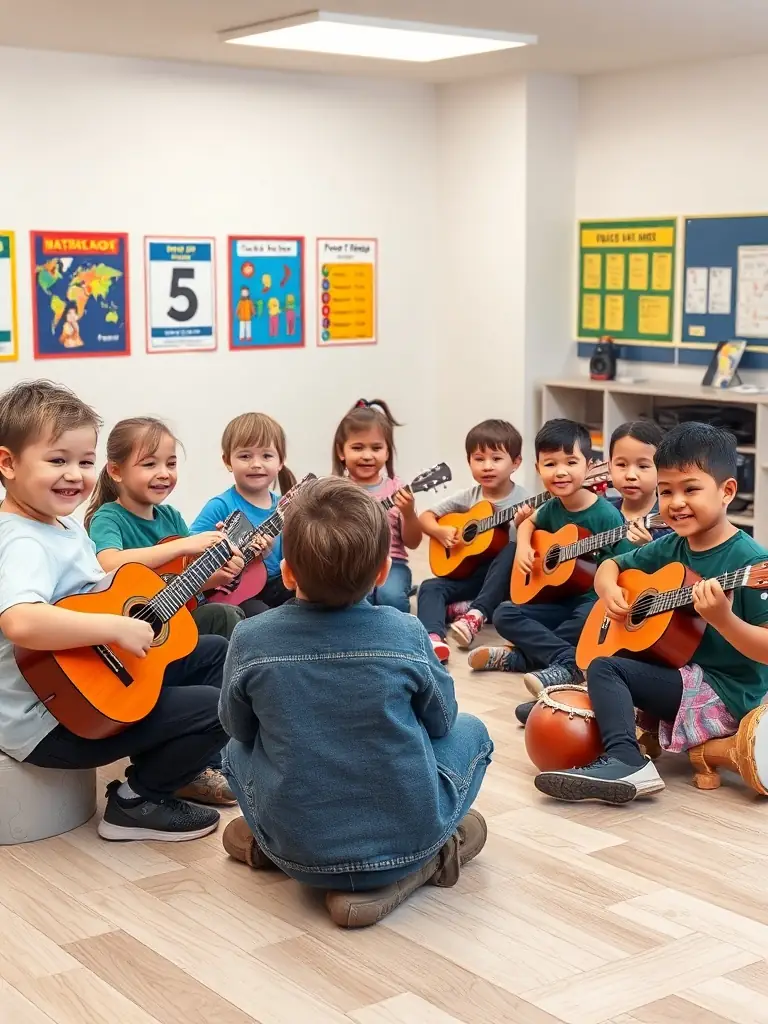 A photo of children participating in a music workshop organized by BRANCHEZ LA GUITARE, highlighting our commitment to music education and youth engagement.