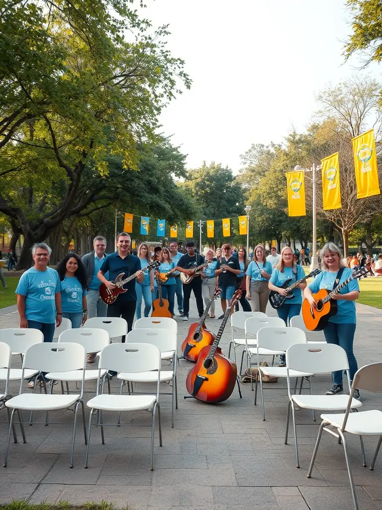 A picture of volunteers setting up for a BRANCHEZ LA GUITARE event, highlighting the community involvement and collaborative spirit behind the organization's activities.