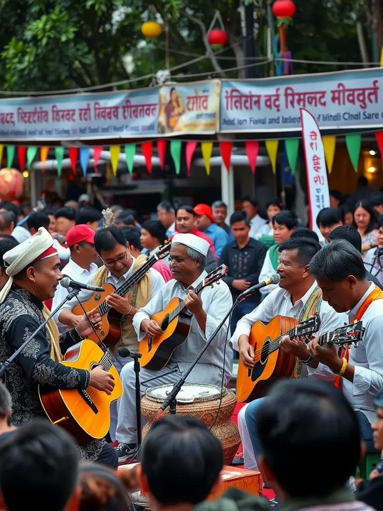A vibrant photo of a diverse group of musicians performing together at a BRANCHEZ LA GUITARE community concert, showcasing the collaborative spirit and energy of the event.